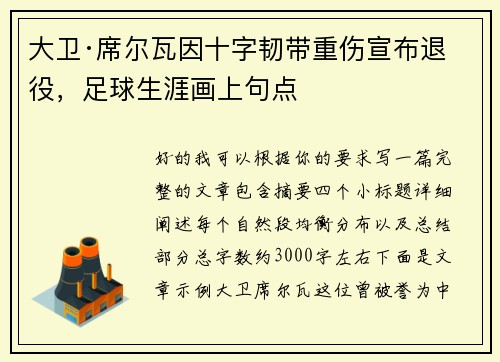 大卫·席尔瓦因十字韧带重伤宣布退役，足球生涯画上句点