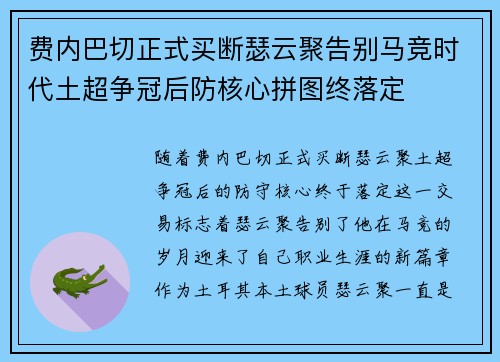费内巴切正式买断瑟云聚告别马竞时代土超争冠后防核心拼图终落定