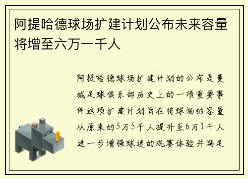 阿提哈德球场扩建计划公布未来容量将增至六万一千人