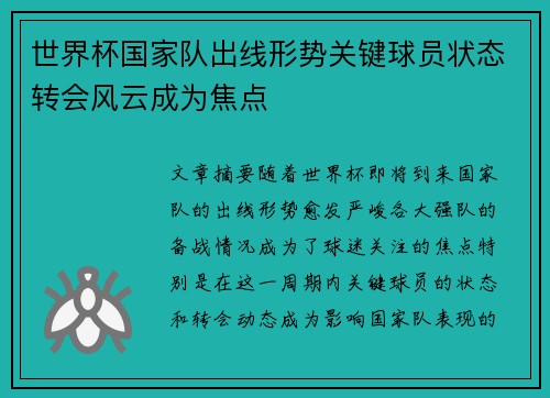世界杯国家队出线形势关键球员状态转会风云成为焦点