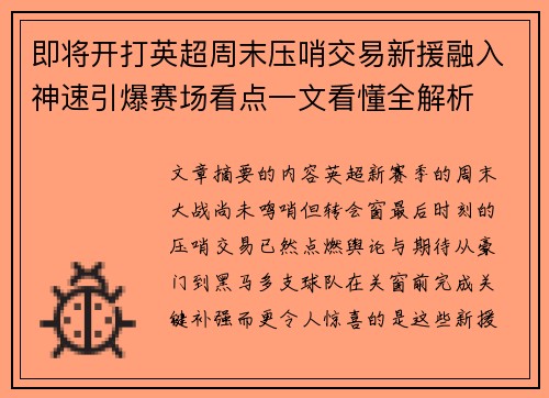 即将开打英超周末压哨交易新援融入神速引爆赛场看点一文看懂全解析